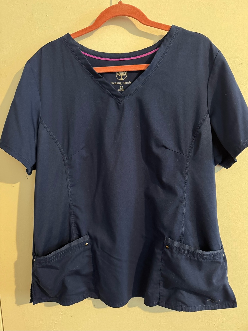 healing hands Navy V-Neck Medical Scrub Top with Pink Trim